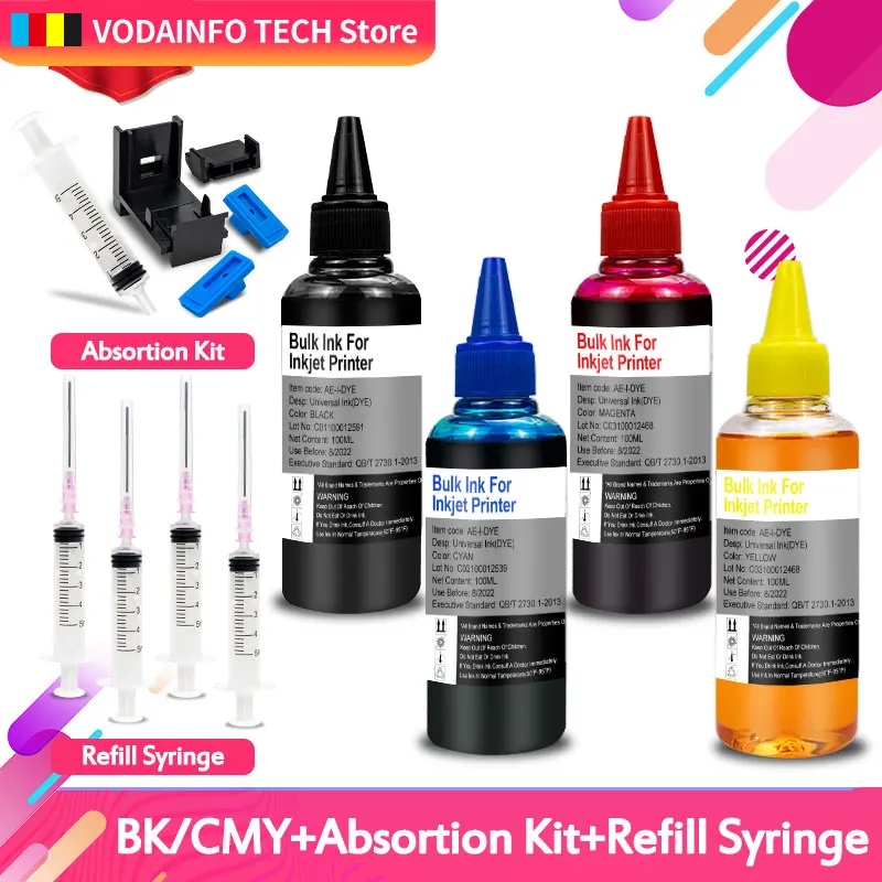 Kit Di Ricarica Inchiostro 100Ml Per Hp 21 22 301 302 304 121 122 123 650 652 300 140 141 350 351 343 338 Xl Cartuccia Inchiostro Colorante