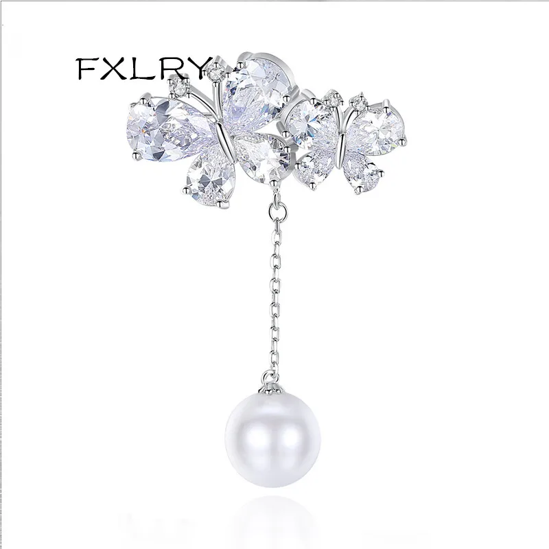 

FXLRY New Arrive Romantic Fashion Women White Color AAA Cubic Zircon Double Butterfly Pearl Brooches Sweater Coat Accessories