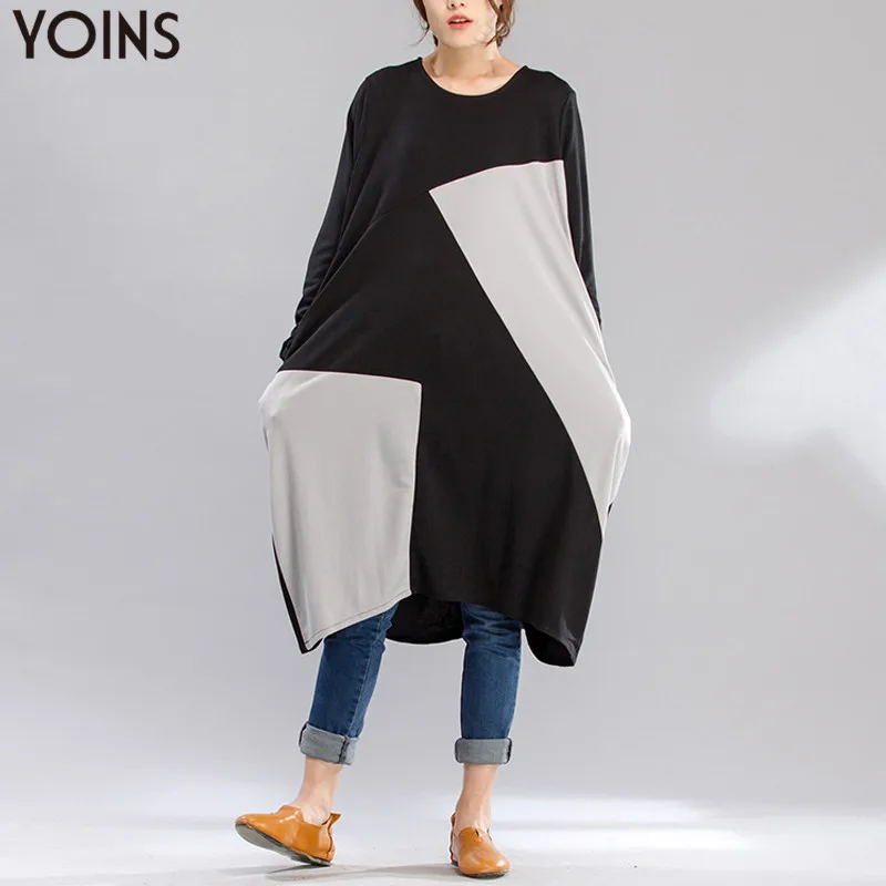 Винтажное платье Кафтан YOINS с круглым вырезом и длинным рукавом свободное