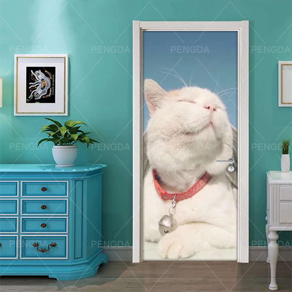 

Print Art Picture Self Adhesive Door Stickers Cute Cat Animal Waterproof Wallpaper Home Decor Renew PVC Mural Paper For Bedroom