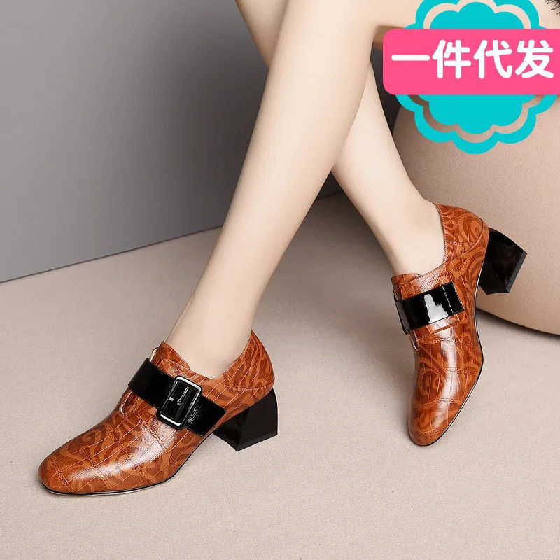 

Europe And America round-Toe Chunky Heel Deep-mouth Thin Shoes Women's Spring And Autumn New Style WOMEN'S Genuine Leather Shoes