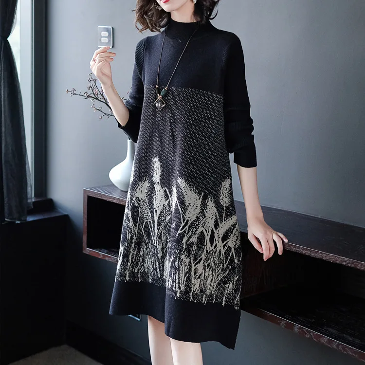 Свитер средней длины выше колена женский осень и зима стиль kuotawei женщин среднего возраста платье свободного кроя для похудения J