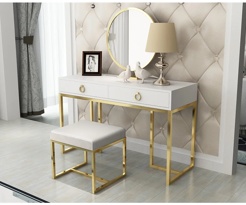 Custom Modern Golden Iron Metal Wooden Dresser Stool Chair Table Desk Mirror Soft Leather Velvet Footstool Home Bedroom Ottoman