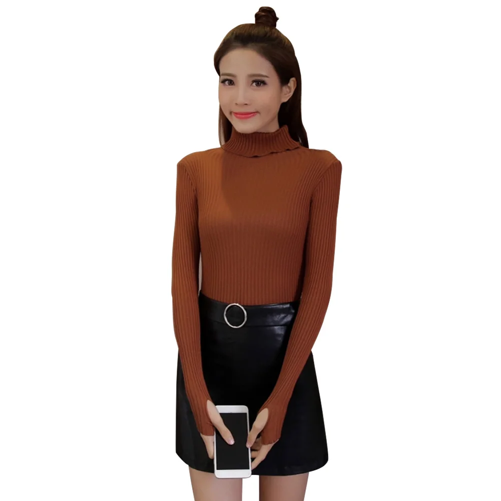 

Women Pullover Solid Knitted Fall Winter Base Shirt Thumb Hole Sweater Turtle Neck Ribbed Jumper Tops