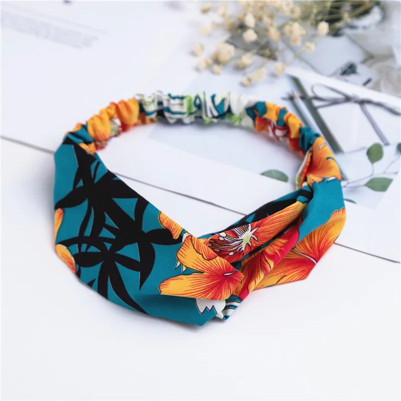 H16f5b173fc5a4e53baf03f77be9b26c4W Fashion Cross Knot Headbands Flower Print Elastic Hair Bands Ties Scarf Ribbon Headwear Women Hair Accessories Head Wrap Mallzona