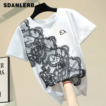 

Letter Lace Stitching White Cotton T Shirt for Women Loose Short Sleeve T-shirt Female Summer Tshirt Ladies Tops Camisas Mujer