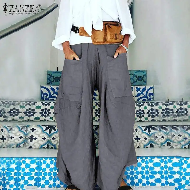 2020 ZANZEA Summer Wide Leg Pants Women's Trousers Casual Solid Elastic Waist Pant Female Front Pockets Pantalon Fashion Palazzo 2020 ZANZEA Summer Wide Leg Pants Women's Trousers Casual Solid Elastic Waist Pant Female Front Pockets Pantalon Fashion Palazzo