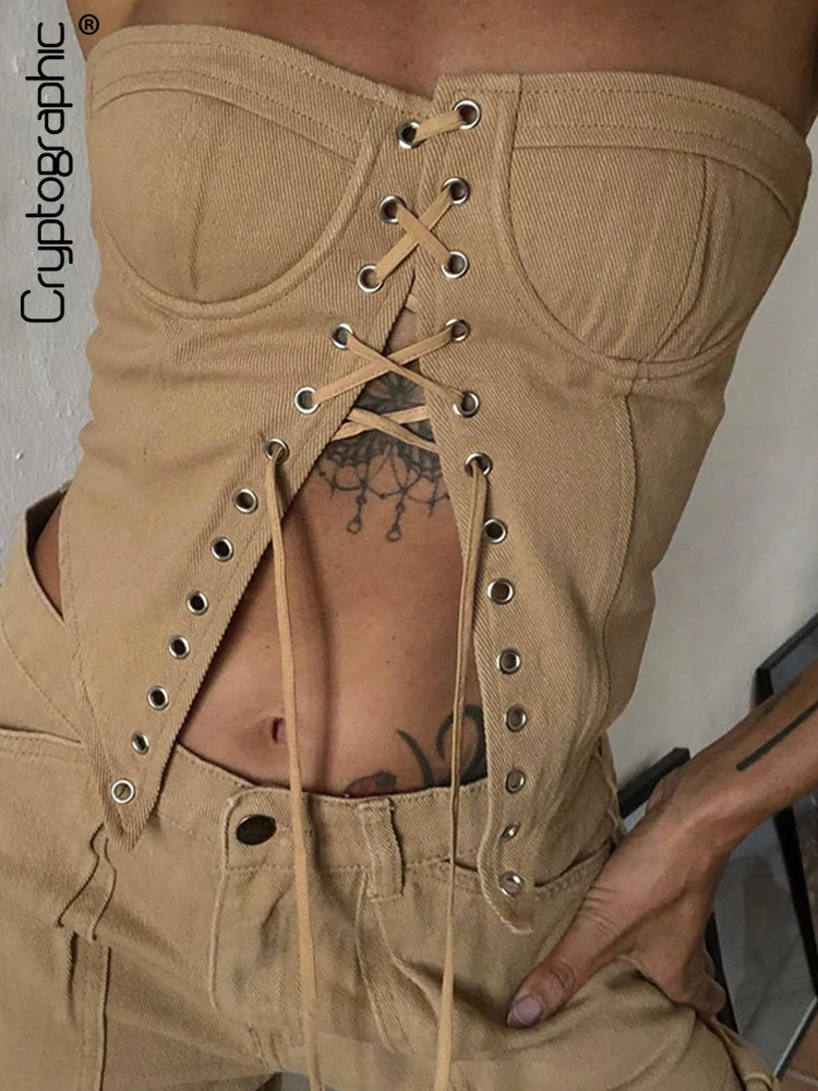 

Cryptographic Sexy Strapless Bandage Crop Top for Women Summer 2022 Elegant Fashion Sleeveless Backless Tops Club Party Clothes