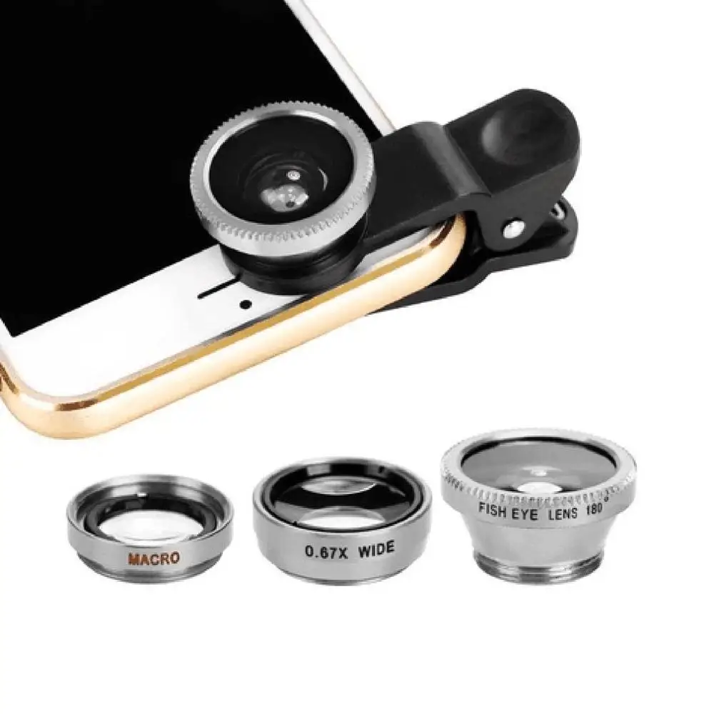 3-в-1 Широкий формат макро объектив "рыбий глаз" Камера Наборы мобильный телефон рыбий глазные линзы с зажимом 0.67x для iPhone samsung сотовые телефоны - Цвет: Серебристый