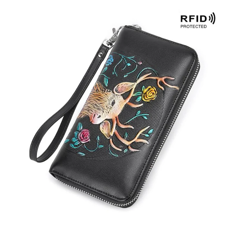 Западный женский кошелек из кожи с цветочным принтом и лосем, Rfid, модный многофункциональный длинный женский кошелек на молнии, Рождественский подарок - Цвет: Golden elk