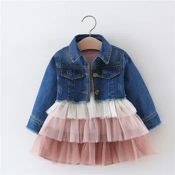 

Alice 2019 Girls dress denim top suit children's spring and autumn princess cake mesh dress clothing sets kids clothes