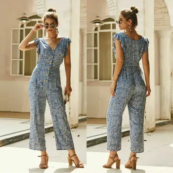 

2020 Floral Jumpsuits Fashion Women Long Pants V Neck Wide Leg Pants Rompers Loose Holiday Bohemian Summer Print Ladies Overalls