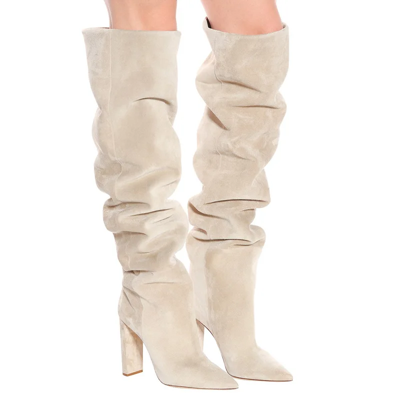 Delle donne Del Faux Suede Sopra Il Ginocchio di Alta Slouchy Stivali A Punta Toe Tacco Grosso Slouch Stivali Lunghi Delle Signore di Inverno Scarpe Col Tacco Alto