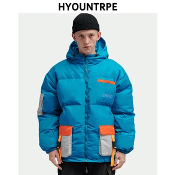 

Mens Winter Parka Jacket High Street Full Zipper Hooded Pockets Outearwear Hip Hop Patchwork Warm Thicken Men Bomber Outerwear