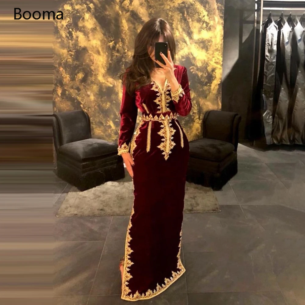 Booma Burgundy Moroccan Kaftan Evening Dresses V-Neck Long Sleeves Velvet Caftan Prom Dresses Takshita Formal Party Gowns princess prom dresses Prom Dresses