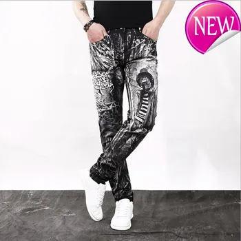 

fashion leopard Men's print jeans Male slim fit straight black denim pants Free shipping