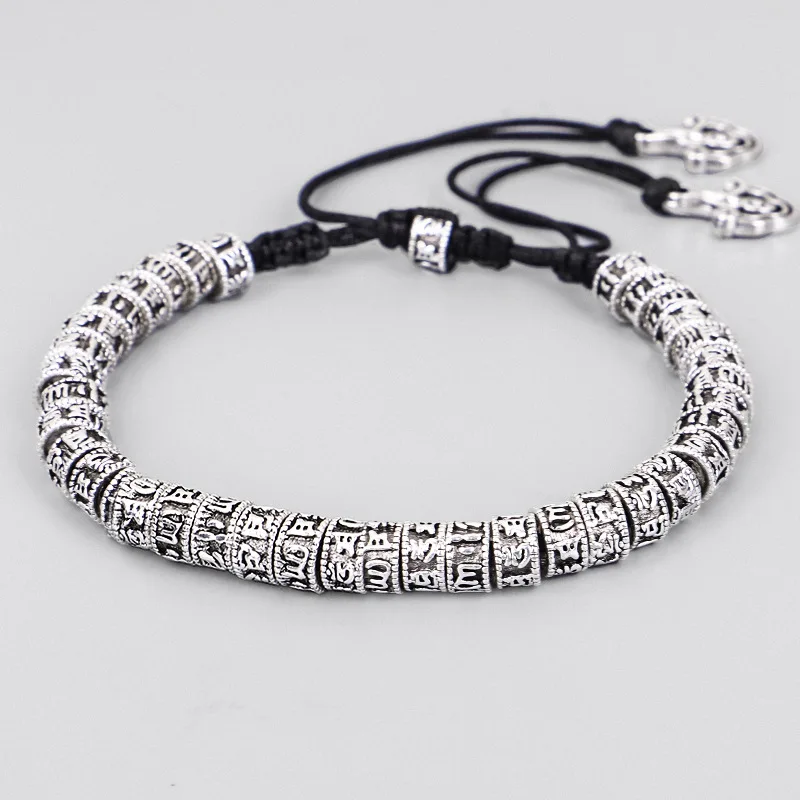 Bracelet Jewelry Tibetan Buddhism Six Words Mantra Bracelet Handmade Rope Knot Amulet Beads Vintage Metal Amulet Beads Bracelet Men Women
