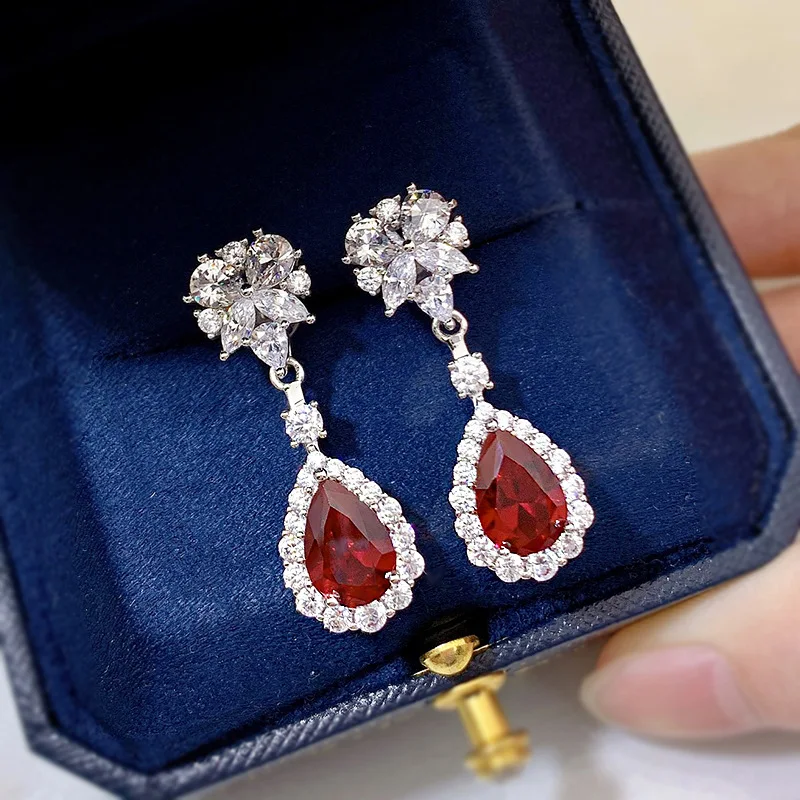 

Luxury 925 Sterling Silver Red Corundum 7*10MM Ruby Drop Earrings for Women Full Lab Diamond Party Wedding Ear Fine Jewelry