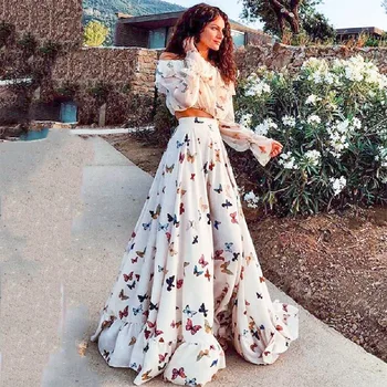 

OUSHANG Petal Sleeve butterfly Print set Two-piece Womens boho tops+long skirt Oversize pleated dress Slash Neck Shirts