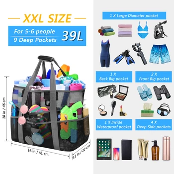 

1pc Beach Bag Extra Large Lightweight Mesh Tote Bag Portable Foldable Carry Tote Bag with Many Pockets for Family Beach Vacation