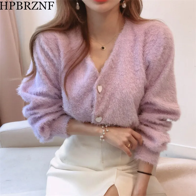 

Solid Color V Neck Elegant Autumn Button Short Cardigans Women Chic Korean Fashion Soft Winter Sweaters Coat Female Warm