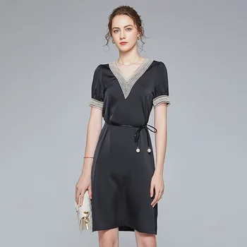 

women floral dresses 2020 summer black satin face v neck belt long casual sexy office work beach boho plus size dress elegant