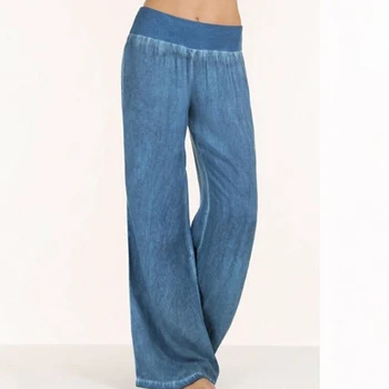 

Women Mid Waist Pleated Pants Casual Loose Solid Long Denim Pants Elastic Waist Fashion Wide Leg Pants Plus Size S-5XL