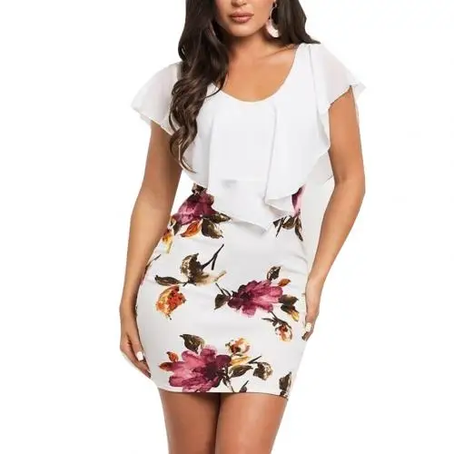 Модная Летняя женская одежда больших размеров, ложные детали с оборками, Ретро стиль, цветочный принт, облегающее вечернее офисное платье мини - Цвет: Белый