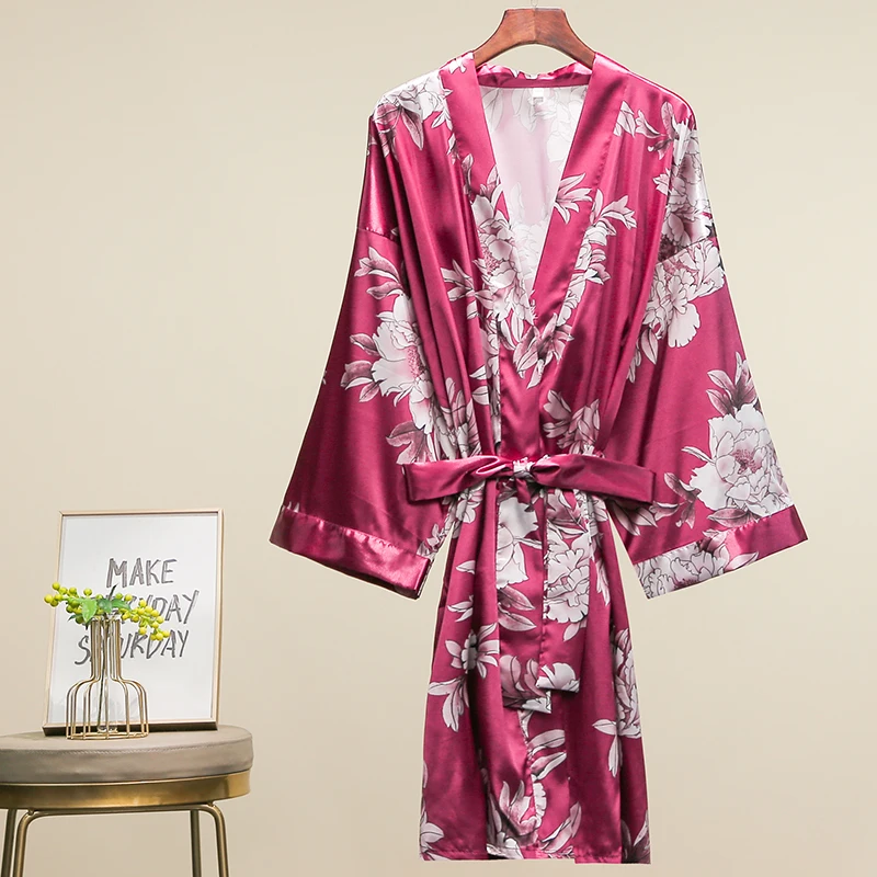 Owiter с цветочным принтом обувь из сатина для невесты Robe Свадебные вечерние подарок халаты Шелковый халат одежда подружек невесты для девочек в цветочек Халат короткий халат - Цвет: burgundy