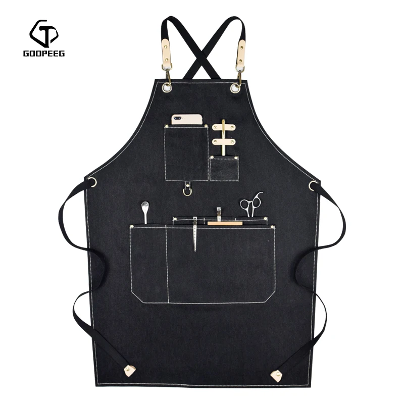 GOOPEEG fashion cotton denim apron LOGO custom coffee baking cake tea shop kitchen men and women overalls