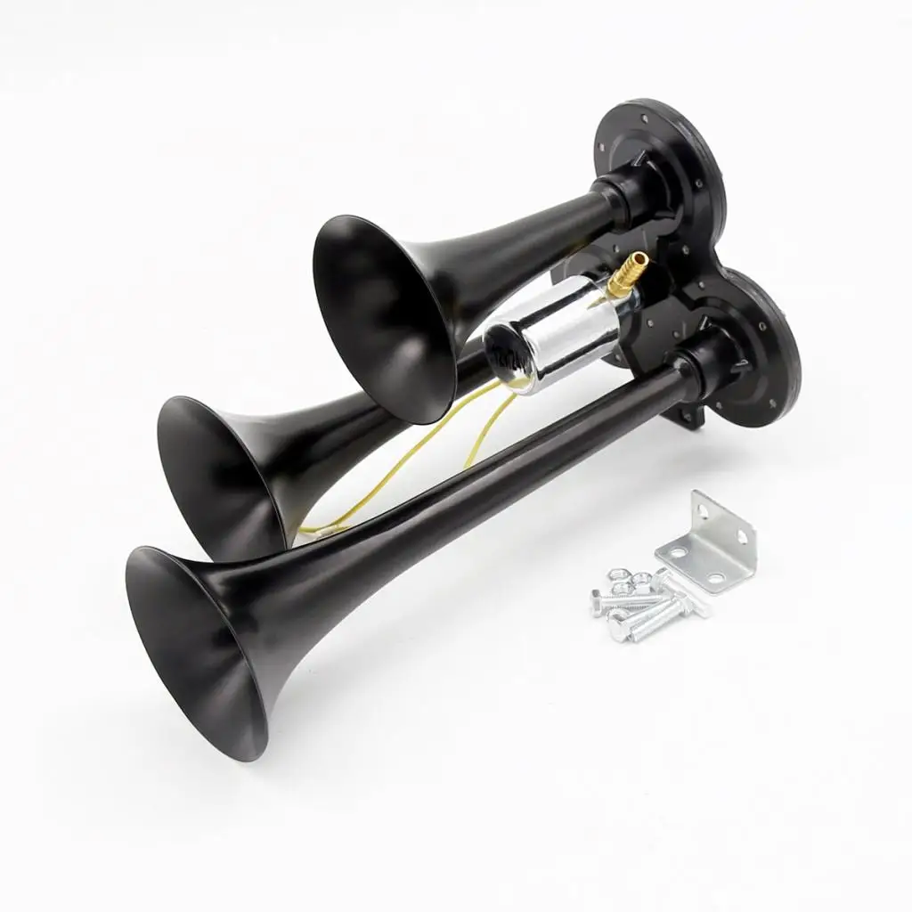 12V Premium Quality Triple Trumpet Air Horn with Electric Solenoid Loud 150db for Car Truck Boat SUV Train - Black