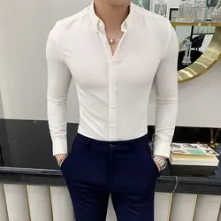 Высококачественная Белая мужская рубашка, рубашки с длинным рукавом 2019, одноцветная Повседневная рубашка с воротником "Мандарин"