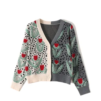 

Floral Women Cardigan Flower Prints Long Sleeve Thick Loose Female Sweater Coat Color Matching Lady Sweaters Cardigans