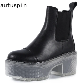 

autuspin Cowhide Chunky Heel Boots Women Fashion Platform Round Toe Martin Boots Winter Motorcycle Botas Female Leather Shoes