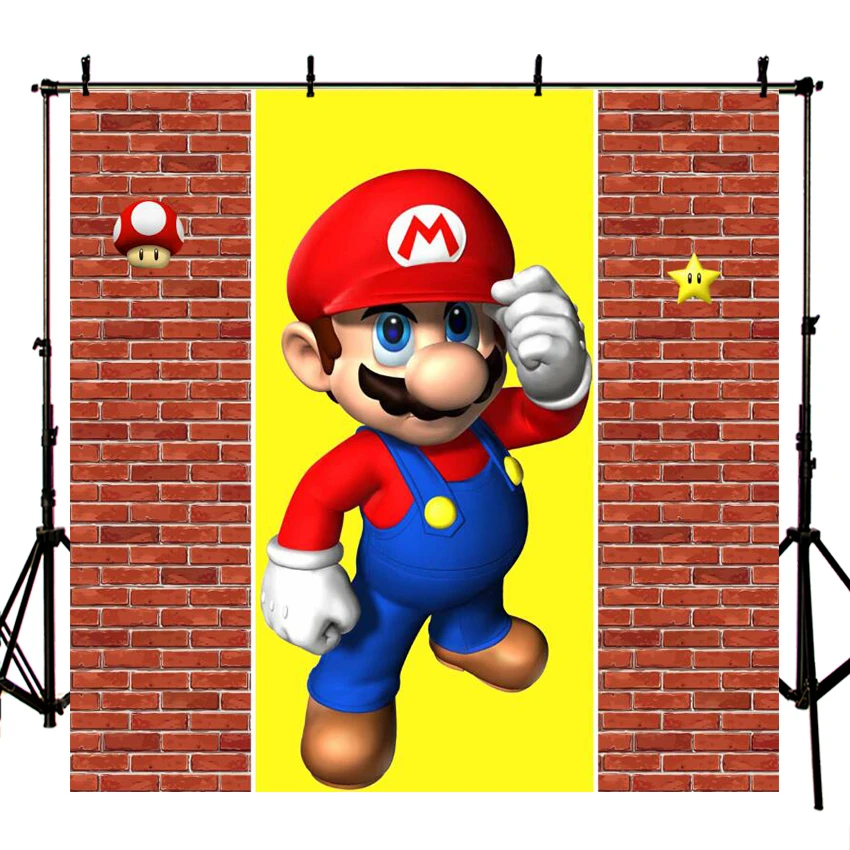 

Custom Red brick wall Super Marios party happy birthday baby child photo background photography backdrops quality vinyl