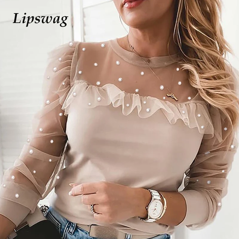 Women Elegant Santa Claus Christmas Tree Blouse Shirts Casual O-Neck Mesh Ruffles Pullovers Tops Ladies Fashion Hollow Out Blusa | Женская