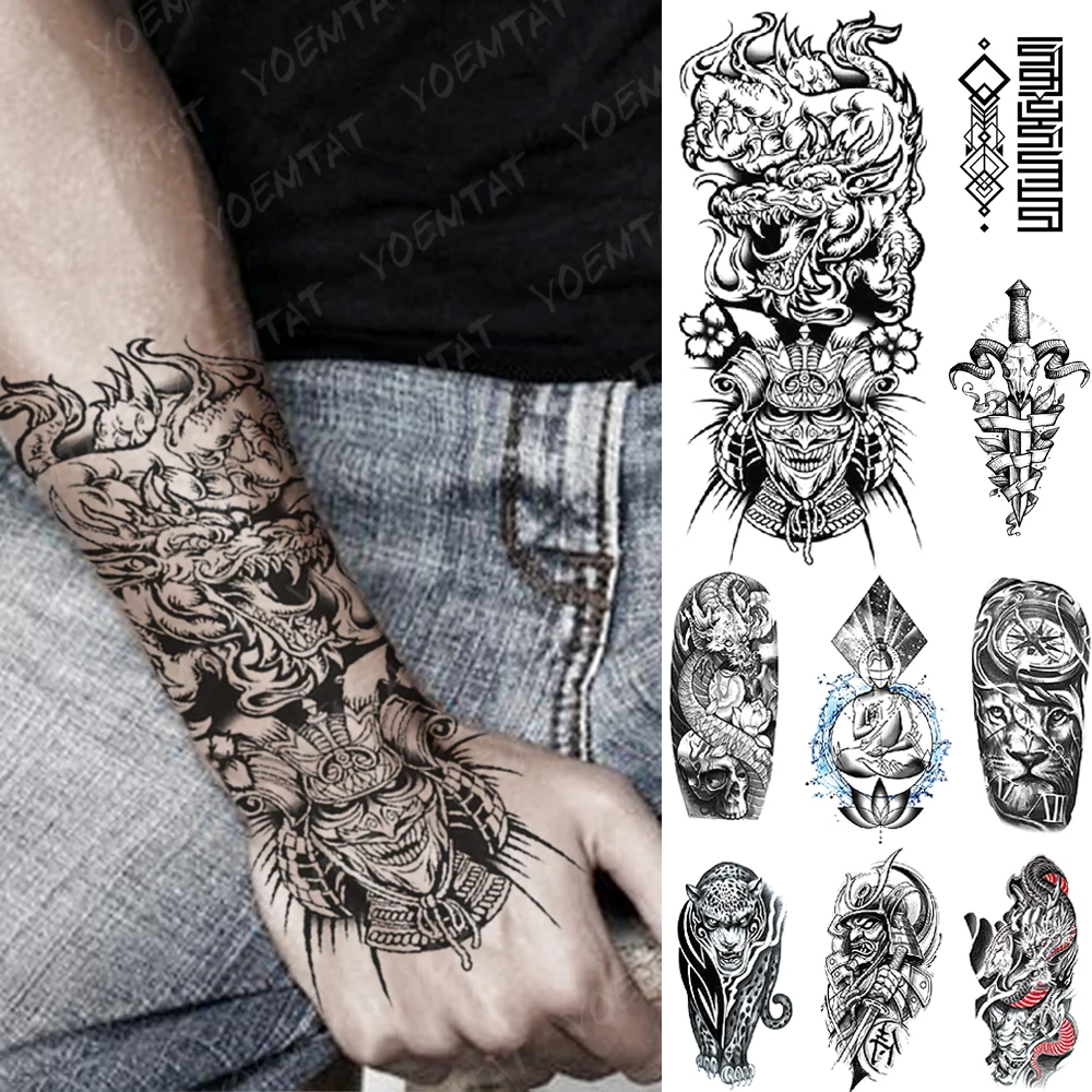 

Waterproof Temporary Tattoo Sticker Dragon Japanese Samurai Flash Tattoos Lion Compass Leopard Geometry Body Art Arm Fake Tatoo