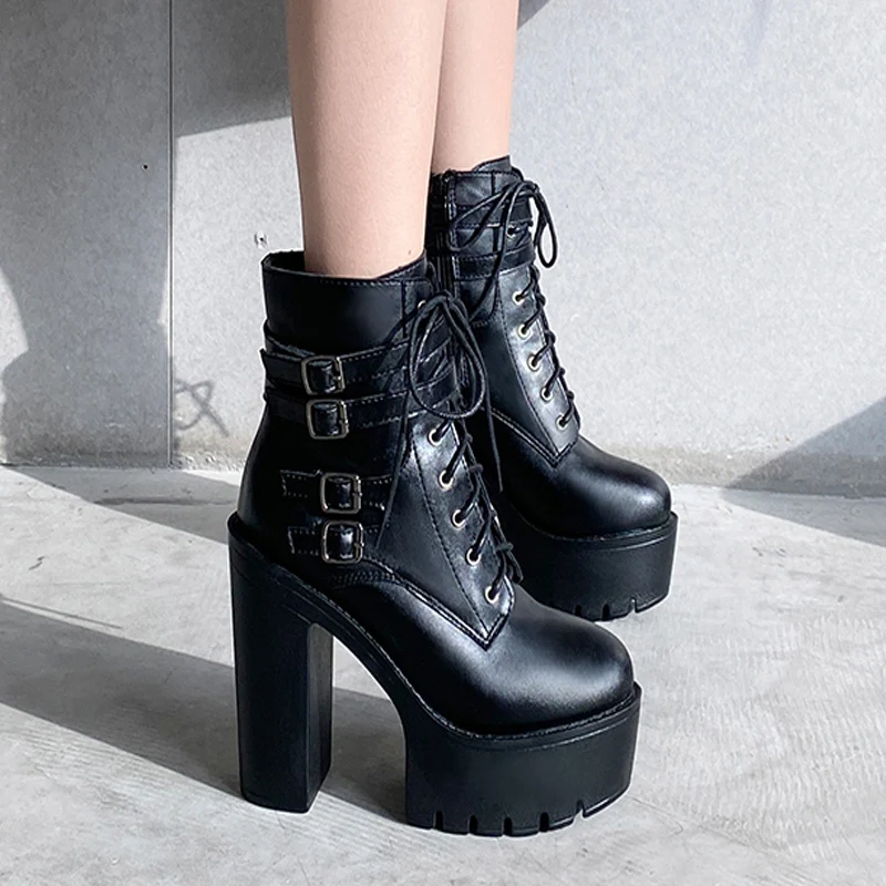 

Platform Ankle Strap Boots Women Fashion Zipper High Heels Buckle Martin Boots Slim Shoes For Women Lace Up Western Botas Mujer