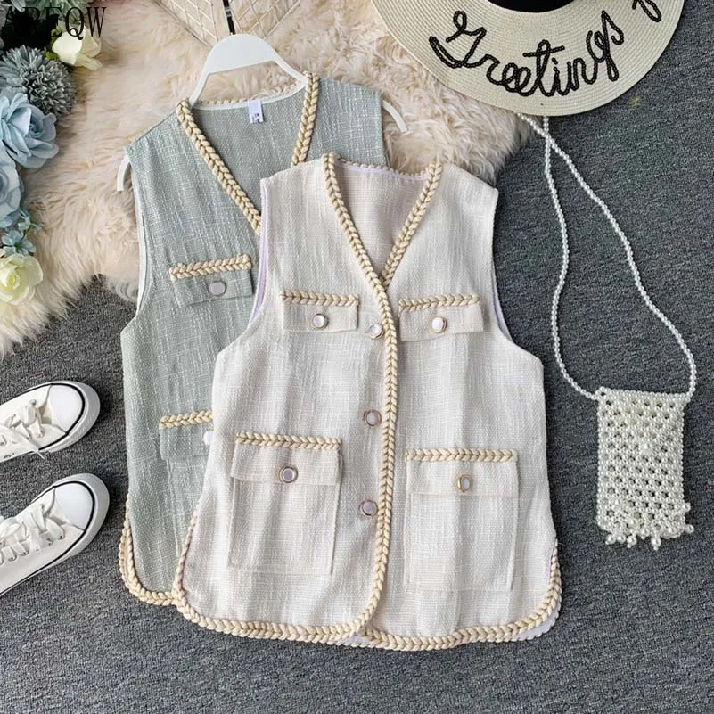 

Vintage Women Tweed Vest 2019 Autumn New Single Breasted Vest with Welt Pockets Colete Sleeveless Jacket Loose Casual