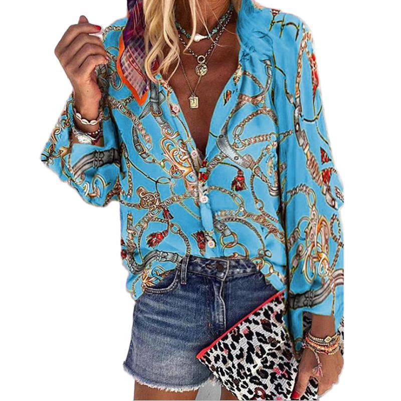 

Chains Printed Women Blouse 2020 Spring Autumn Sexy Vneck Button Decoration Long Sleeves Lady Tops Plus Size Loosen Comfortable