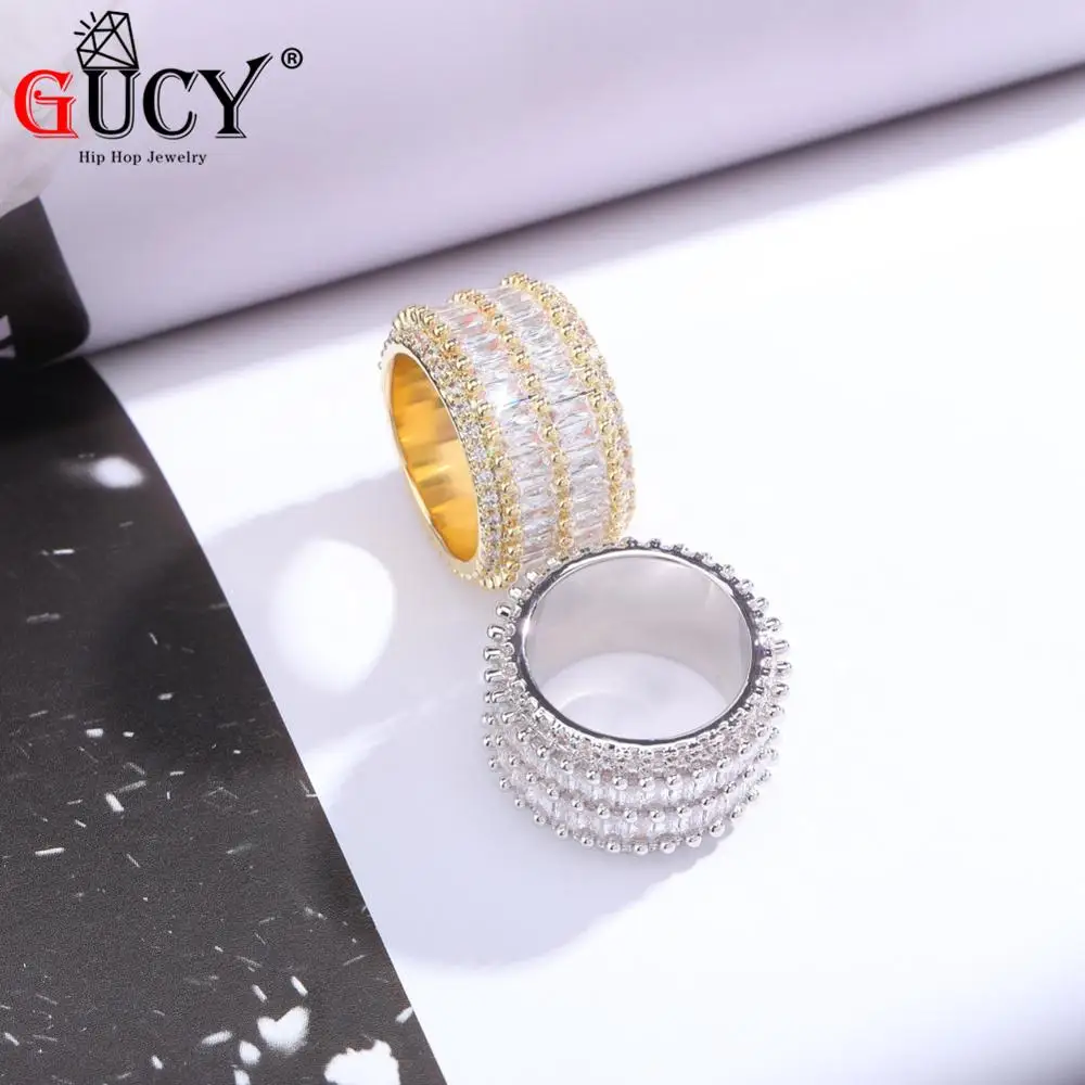 

GUCY 2 Row Solitaire Tennis Men's Ring Copper Charm Gold Silver Color Baguette Cubic Zircon Iced Ring Fashion Hip Hop Jewelry