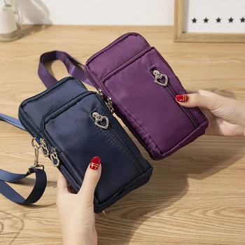 

Women Small Mobile Phone Pouch Classic Texture Delicate Creative Design Chic Nylon Cycling Shoulder Bags Zipper Wrist Purse