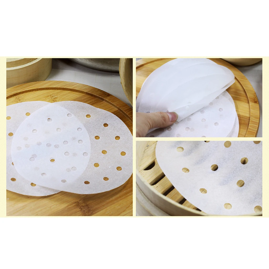 100pcs/set 4-9.5inch Perforated Bamboo Steamer Mat Liners Steamed Bun Baking Sheets