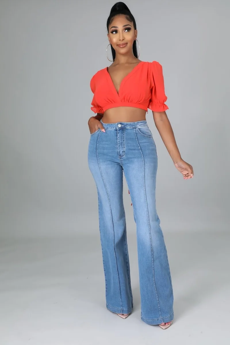 Chicros Casual Denim Flare Pants Women High Waist Solid Slim Female Jeans Trouser Street Autumn Winter Long Pants for Women's