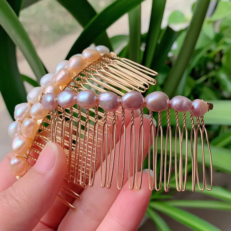 Eleganter natürlicher Süßwasserperlen-Haarschmuck, Hochzeit, Braut-Haarschmuck, lila, weiß, Nugget, barocker Perlenkamm, französischer Clip – Detail 21