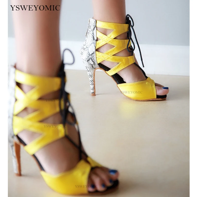 Salsa Latin Dance Shoes For Women Yellow Satin Mixed Snake Printing Leather Comfortable Dance Shoes In 8.5cm 10cm High Heel