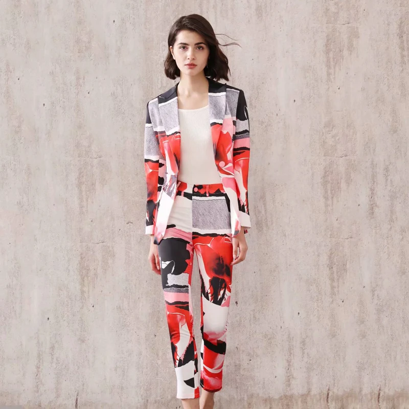 

VERDEJULIAY Runway Blazer Suit 2020 Spring Autumn New Fashion Long Sleeve Top + Slim Pants Flowers Printed Women Suit