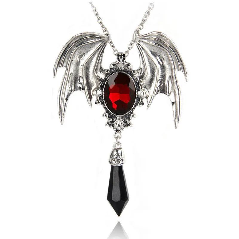 Готический Хэллоуин ожерелье синий кристалл вампир подвеска «летучая мышь» синий черный кристалл чокер-ожерелье в стиле панк ювелирные изделия - Окраска металла: Red