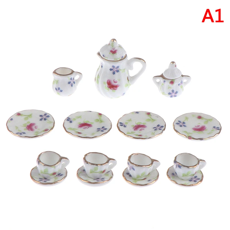 1Set Ceramic Scale 1:12 Doll House Miniature Porcelain Tea Cup Set Tableware Kitchen Dollhouse Teapot DIY Toys 32