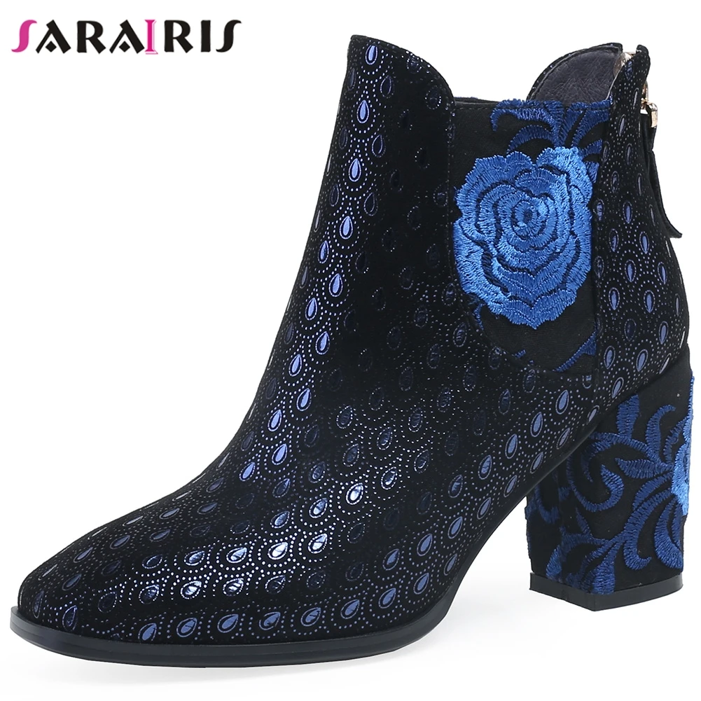 

SARAIRIS Flower Embossed Sheepskin Chunky High Heels Rubber Sole Ankle Boots For Women Autumn Winter Shoes Big Size 34-43